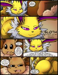 2016 absurd_res annoyed anus ass black_nose brown_background brown_eyes brown_fur comic cute_fangs dialogue duo eevee eeveelution english_text female feral fur hi_res jolteon kuroodod male neck_tuft nintendo nude open_mouth page_23 pokémon_(species) pokemon purple_eyes pussy rear_view sam_(kuroodod) simple_background sloth_(kuroodod) smile speech_bubble teeth text tongue tuft video_games white_fur yellow_fur