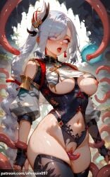 1girl ahegao ai_generated arlequin097 black_gloves black_leotard black_thighhighs blue_eyes blush bodysuit braid braided_ponytail breast_curtain breasts clothing_cutout crying crying_with_eyes_open earrings eyes_visible_through_hair genshin_impact gloves grey_hair hair_ornament hair_over_one_eye highleg highleg_leotard jewelry large_breasts leotard long_hair mihoyo multiple_penises navel navel_cutout nipples open_mouth patreon_username penis pussy restrained rolling_eyes shenhe_(genshin_impact) shoulder_cutout solo sweat tassel tassel_earrings tears tentacle_sex tentacles thick_thighs thighhighs thighs tongue torn_bodysuit torn_clothes torn_leotard uncensored underboob vaginal very_long_hair white_hair