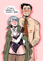 1boy 1girls ace_attorney aged_up artist_request bandage biceps blush bound_wrists clothed_female_nude_male dark_hair dick_gumshoe dominant_female facial_hair female femdom franziska_von_karma gloves gyakuten_saiban handcuffs height_difference karuma_mei larger_male leotard male male/female malesub ninelunas nude nude_male older_female older_male seductive_smile short_hair silver_hair size_difference smug spiky_hair stubble submissive submissive_male suit sweat thick_thighs thighs whip