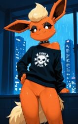 1girls 2026 ai_generated anthro bare_shoulders bottomless bottomless_female brown_eyes city dark_room eeveelution eyeshadow female female_only flareon flat_chest generation_1_pokemon half-closed_eyes hand_on_hip hi_res indoors innie_pussy nintendo off_shoulder orange_fur pokemon pokemon_(species) punk punk_girl pussy raining smile smug smug_smile spiked_collar sweater zonoya_(artist)