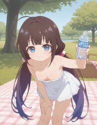 ai_generated bare_legs bare_shoulders brown_hair cleavage focus_on_chest hinatsuru_ai ia_generated long_hair outdoors picnic short_dress slutty_dress slutty_female small_breasts summer_dress sweating temptation tempting_viewer twintails