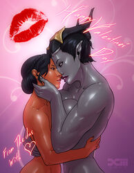 2girls adaar barretxiii black_hair braids brown_eyes dragon_age dragon_age_inquisition female grey_skin hugging inquisitor_(dragon_age) inquisitor_adaar josephine_montilyet multiple_girls qunari short_hair yuri