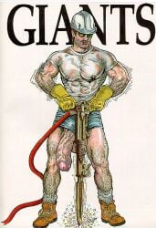 1boy big_penis brown_hair construction_helmet construction_worker flaccid foreskin gay light_skin male male_only muscular nipples_visible_through_clothing original penis penis_through_leghole ras_(r.a._schultz) shaking_lines shorts simple_background solo tight_clothing uncircumcised veiny_penis white_background yaoi