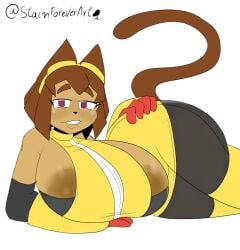 big_breasts cat_ears cat_tail catgirl gameoverse huge_breasts huge_thighs kit_(gameoverse) laying_on_side stainforeverart thick_thighs wide_hips wide_thighs