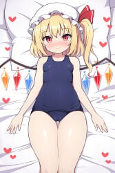 flandre_scarlet blonde_hair blonde_female blonde blonde-haired_female blonde_hair_female red_eyes mob_cap wings vampire vampire_girl rizento touhou touhou_project tagme 1girls 1girl 1female light-skinned_female light_skin simple_background image swimsuit swimwear