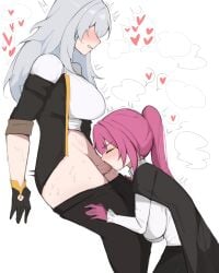 2girls absurdres arnkun black_gloves black_jacket black_pants blunt_bangs blush breasts closed_eyes clothes_pull feet_out_of_frame fellatio from_side futa_with_female futanari gloves grey_hair hands_up heart high_ponytail highres honkai:_star_rail honkai_(series) huffing jacket kafka_(honkai:_star_rail) large_breasts long_hair multiple_girls no_eyes open_clothes open_jacket open_mouth oral pants pants_pull penis ponytail purple_gloves purple_hair shirt sidelocks simple_background sitting speech_bubble spoken_heart stelle_(honkai:_star_rail) sweat t-shirt teeth thick_thighs thighs trailblazer_(honkai:_star_rail) trembling uncensored white_background white_shirt yuri