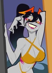 1female 1girl 1girls 2025 abiesnot420 alien alien_girl alien_humanoid background bikini black_hair black_lips black_lipstick boobs breasts digital_media_(artwork) drinking_problem female female_focus female_only female_solo golden_bikini grey_body grey_skin half-closed_eyes homestuck homestuck_troll horn horns ms_paint_adventures mspfa posing solo solo_female solo_focus troll troll_(homestuck) yellow_sclera in_doorway sharp_teeth pink_lipstick arms_behind_head boob_focus