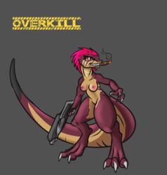 alorix breasts cigar dinosaur feathers female gun nude overkill pussy ranged_weapon scalie scar solo thick_tail weapon