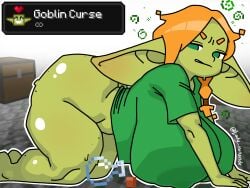 microsoft minecraft mojang alex_(minecraft) lady_ironande female ginger ginger_hair ginger_female shortstack shortstack_female shortstackification ass butt big_ass big_butt thick_thighs hips hips_wider_than_shoulders breasts big_breasts huge_breasts ears big_ears green_eyes green_skin looking_at_viewer looking_annoyed looking_angry angry angry_face angry_expression annoyed annoyed_expression annoyed_face partially_clothed partially_clothed_female partially_nude partially_nude_female partially_naked partially_naked_female chest cobblestone pointy_ears block blocky_body potion potion_bottle potion_effect hud text text_box goblin goblin_female goblinification sweatdrop sweat sweating sweaty sweaty_body mole mole_on_ass mole_on_thigh mole_on_stomach mole_on_butt mole_on_leg big_areola areolae areolae_visible_through_clothing big_nipples nipples nipples_visible_through_clothing humanoid humanoid_pointy_ears green_body long_ears