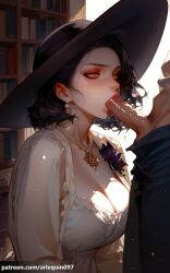 ai_generated arlequin097 alcina_dimitrescu resident_evil resident_evil_8:_village 1girl breasts blush short_hair large_breasts black_hair 1boy dress hat cleavage jewelry yellow_eyes flower hetero earrings penis solo_focus indoors white_dress necklace lips black_headwear pubic_hair uncensored makeup saliva erection oral looking_up fellatio lipstick pale_skin male_pubic_hair patreon_username veins clothed_sex sun_hat veiny_penis red_lips bookshelf patreon_logo pearl_necklace pearl_earrings corsage