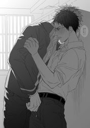 2boys against_wall black_hair blush cum glasses handjob junpei_hyuga kuroko_no_basuke male_only monochrome multiple_boys penis_through_fly public school shiru_(pepeelotion) size_difference teppei_kiyoshi yaoi