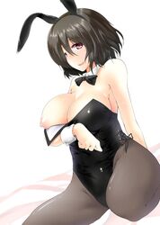 alternate_costume animal_ears arm_support bare_shoulders black_bow black_bowtie black_hair black_legwear blush bow bowtie breast_hold breasts bunny_ears bunnysuit cleavage collarbone commentary detached_collar fake_animal_ears female fishnet_pantyhose fishnets large_breasts looking_at_viewer nipples one_breast_out pantyhose parted_lips red_eyes shameimaru_aya short_hair smile solo touhou wrist_cuffs yamaiso