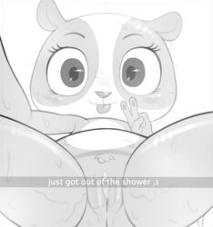 2016 anthro bear clitoral_hood clitoris close-up female kaboozey littlest_pet_shop looking_at_viewer mammal monochrome nude panda penny_ling pussy pussy_juice selfie solo spread_legs spreading steam text tongue tongue_out v water wet