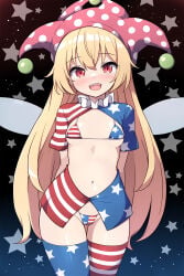 1female 1girl 1girls american_flag blonde blonde-haired_female blonde_female blonde_hair blonde_hair_female clownpiece image light-skinned_female light_skin long_hair purple_hat red_eyes rizento simple_background tagme thighhighs touhou touhou_project