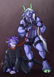2018 3_eyes absurd_res anthro bdsm black_clothing black_harness black_panties black_skinsuit black_underwear blue_eyes blue_tongue bulge clothed clothing dated dragon duo empty_eyes facial_hair front_view fur furred_dragon furred_scalie goatee green_eyes green_hooves green_horn grey_body grey_fur hair harness hi_res hooves horn hufnaar kneeling latex latex_clothing latex_skinsuit long_hair male male_anthro multi_eye muscular muscular_anthro muscular_male mythological_creature mythological_scalie mythology open_mouth panties petplay purple_body purple_fur purple_hair purple_horn roleplay scalie simple_background skinsuit species_request standing tight_clothing tongue topless underwear white_body white_fur white_hair