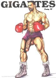 1998 1boy balls big_penis black_hair boxing_gloves dated flaccid foreskin gay gloves male male_only muscular nipples original penis penis_through_leghole ras_(r.a._schultz) shirtless shorts simple_background solo uncircumcised veiny_penis white_background yaoi