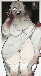 1girls blonde_hair blood capcom cleavage curvy dress_lift female female_only grey_eyes huge_breasts igxxiii looking_at_viewer nipples no_panties pubic_hair resident_evil resident_evil_9:_requiem selena_corey smile thick_thighs very_high_resolution white_legwear wide_hips zombie zombie_girl