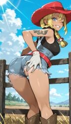 1girls ai_generated ass blonde_hair blue_eyes blue_sky boots braid breasts brokewyt cloud cowboy_hat day denim denim_shorts fence from_behind gloves grin hat kitt_(pokemon) kneepits long_hair looking_at_viewer looking_back one_eye_closed outdoors partially_visible_vulva pokemon pokemon_champions pussy rucola_(pokemon) shorts shoulder_tattoo sky smile solo tan tattoo underbutt white_gloves wooden_fence