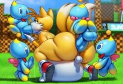ai_generated big_ass big_belly big_sub_small_top blue_body chao_(sonic) cumflation day daytime fox furry gangbang male_only miles_prower miles_tails_prower mobian_(species) multiple_penetration outdoors outside sex small_dom_big_sub sonic_(series) sonic_the_hedgehog_(series) tails_the_fox thick_thighs tiny_balls tiny_penis wide_hips yellow_fur