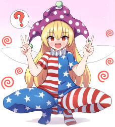 clownpiece purple_hat blonde_hair blonde_female blonde blonde-haired_female blonde_hair_female red_eyes light_skin light-skinned_female american_flag long_hair rizento touhou touhou_project tagme 1girls 1girl 1female simple_background image