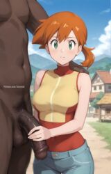 1girls 1boy ai_generated aisuyuni dark-skinned_male ntr netorare cuckold cuckolding blacked cheating cheating_wife cheating_girlfriend cheating_female interracial misty_(pokemon) kasumi_(pokemon) pokemon orange_hair green_eyes looking_at_viewer handjob penis big_penis countryside mountain grabbing grabbing_shoulders village