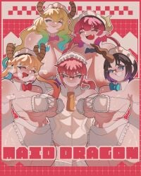 5girls blushing bowtie chubby chubby_female collar_only corset curvy curvy_female dragon_girl elidan_art elma_(dragon_maid) glasses horns huge_breasts ilulu_(dragon_maid) kobayashi kobayashi-san_chi_no_maidragon large_breasts lucoa_(maidragon) maid_headdress micro_bikini multiple_girls necktie small_breasts smug tohru_(dragon_maid)