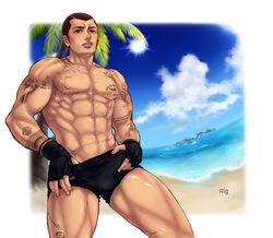 1boy abs bara beach blush bulge dead_or_alive human male male_only muscles outdoors pecs rig_(doa) solo tagme tattoo topless