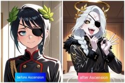 1boy ai_generated androgynous black_hair blue_eyes braided_hair braided_ponytail eyepatch femboy male otoko_no_ko sarong scars scars_all_over standing hand handjob_gesture long_hair opulent_details black_fingernails black_sclera fangs fur_trim girly gold_eyes halo laurel_crown blue eyes,