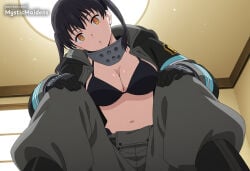 1girl breasts black_hair solo grey_pants gloves pants cleavage twintails looking_at_viewer baggy_pants swimsuit navel bikini open_clothes squatting coat black_gloves black_bikini parted_lips black_coat open_coat large_breasts black_footwear orange_eyes long_sleeves yellow_eyes indoors hands_on_own_knees jacket medium_breasts :o bikini_top_only ai_generated anime anime_style hentai hi_res mystic_maidens patreon kotatsu_tamaki tamaki_kotatsu fire_force enen_no_shouboutai en'en_no_shouboutai