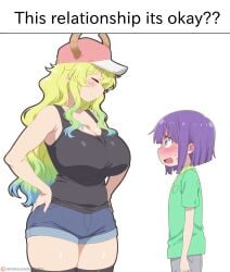 1boy 1girl absurd_res absurdres age_difference ai_generated big_breasts big_thighs blue_hair blush blushing breasts clothed dragon female female_focus green_eyes hat hentai hetero heterosexual hi_res high_quality high_resolution highres horns horny jeans kobayashi-san_chi_no_maidragon lucoa lucoa_(maidragon) magatsuchi_shouta maid meme multicolored_eyes multicolored_hair older_female older_female_and_younger_male perfect_body perfect_boobs perfect_legs pervert purple_hair sawahebi seductive seductive_look seductive_pose seductive_smile shorts shota shouta tank_top thick_thighs thighs voluptuous voluptuous_female white_background white_body white_hair yellow_hair