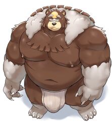 1boy bara belly biceps brown_fur bulge claws closed_mouth covered_testicles dogoronumber3 english_commentary fang fang_out fat furry furry_male highres jockstrap looking_at_viewer male_focus male_underwear navel nipples pectorals plump pokemon pokemon_(creature) underwear ursaluna