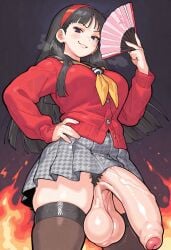 ai_generated amagi_yukiko casual clothing exposed_penis foreskin functionally_nude functionally_nude_futa futa_only futanari hand_fan huge_balls huge_cock imminent_fellatio imminent_oral looking_at_viewer no_panties penis penis_under_skirt pent_up persona persona_4 pubic_hair thick_thighs thighhighs throbbing_penis