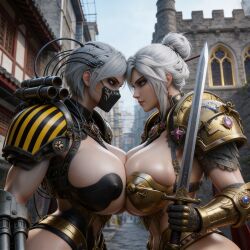 1girl 1woman 3d ai_generated big_ass big_breasts blond_hair brown_eyes brown_eyes_female chignon female female_only female_space_marine gold_armor grey_armor grey_eyes imperial_fists iron_armor iron_warriors perturabo platinum_hair power_armor power_armor_(warhammer) primarch ravenomega rogal_dorn rule_63 sexy_body sexy_female sexy_woman short_hair skimpy_armor solo voluptuous voluptuous_body voluptuous_female vs warhammer_(franchise) warhammer_40k white_hair