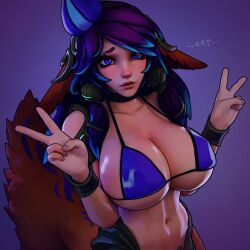 animal_ears belly belly_button bikini blush breasts_bigger_than_head deer deer_ears deer_girl large_breasts league_of_legends lillia_(league_of_legends) looking_at_viewer massive_breasts multicolored_hair peace_sign purple_bikini purple_eyes purple_hair sfrinzy simple_background text