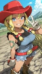 1girls ai_generated belt black_shirt blonde_hair blue_eyes blue_sky blush boots braid breasts brokewyt cloud collarbone dark_skin day denim_shorts gloves grin hat holding holding_poke_ball kitt_(pokemon) long_hair looking_at_viewer outdoors overalls poke_ball poke_ball_(basic) pokemon pokemon_champions red_headwear rucola_(pokemon) shirt shorts sky smile solo standing tattoo teeth twin_braids v white_gloves