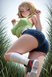 nintendo game_freak pokemon 1girl solo serena_(pokemon) pokemon_xy from_behind from_below ass_focus denim_shorts shorts booty_shorts white_belt belt green_tank_top tank_top thick_thighs socks long_socks sneakers outdoors tall_grass grass blonde_hair blue_eyes looking_at_viewer looking_down ai_generated 3d realistic_textures pose big_butt big_breasts perky_breasts tugging_clothing bent_knee from_side seraphim_ai pixelator42 pokemon_trainer