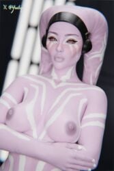 3d arms_under_breasts breasts_focus female female_only headgear looking_at_viewer lyra_(twilekbootyy) nude_female pink_eyes pink_skin solo_female star_wars twilek white_tattoo yeetiques