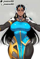 1girl adapted_costume ai_generated black_hair blue_dress bodysuit breasts brown_eyes brown_lips clothing cowboy_shot curvy cyborg dark-skinned_female dark_skin dress earrings female forehead_jewel grey_background headgear jennieart02 jewelry large_breasts lips long_hair looking_at_viewer mechanical_arms outstretched_arms overwatch overwatch_2 patreon patreon_logo patreon_username pelvic_curtain simple_background single_mechanical_arm solo sweat symmetra thick_thighs thighs twitter twitter_username very_long_hair watermark wide_hips
