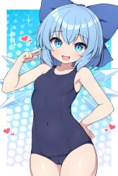 1female 1girl 1girls blue_bow blue_eyes blue_hair cirno image light-skinned_female light_skin rizento simple_background swimsuit swimwear tagme touhou touhou_project wings