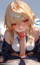 ai_generated arlequin097 lumine_(genshin_impact) genshin_impact mihoyo 1girl breasts looking_at_viewer blush shirt large_breasts skirt blonde_hair hair_ornament 1boy hair_between_eyes bare_shoulders jacket white_shirt hetero necktie penis collared_shirt solo_focus off_shoulder black_jacket orange_eyes uncensored pov erection testicles oral feathers fellatio web_address short_hair_with_long_locks patreon_username blue_necktie watch veiny_penis large_penis feather_hair_ornament kissing_penis