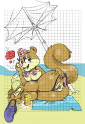 3_toes ? almonds_(artist) anthro anus areola ass beach beauty_mark breasts brown_fur eyelashes female flower fur heart hi_res looking_at_viewer lying mammal nickelodeon nipples on_side outside plant pussy rodent sandy_cheeks seaside solo spongebob_squarepants squirrel straight_hair teeth toes traditional_media_(artwork) umbrella