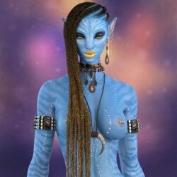 1girls 3d alien avatar big_breasts blue_skin breasts brown_hair cornrows female female_only ghost9in na'vi nipple_piercing nipples nose_piercing solo yellow_lipstick
