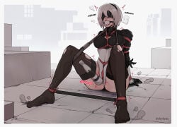 1girls 2b_(nier:automata) ball_gag blindfold blindfolded bondage boots_removed bound bound_ankles bound_arms crotch_rope deckenz drool drooling female female_only femsub forced_orgasm gag gagged hitachi_magic_wand nier:_automata red_rope rope shibari spread_legs spreader_bar stockings thighhighs vibrator vibrator_in_pussy white_hair yorha_2b