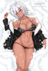 1girls artist_name big_breasts bikini cslucaris fur_trim grey_hair lucille_(cslucaris) on_back on_snow original patreon_username red_eyes red_nails seductive_look short_hair signature smile snow snowing solo_focus