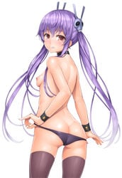 ass ass_cleavage back_view bangs beige_skin black_panties breasts butt_crack choker clothes cowboy_shot eyebrows eyebrows_visible_through_hair female female_only hair hair_ornament lambda_(kusowarota) long_hair looking_at_viewer looking_back memento_(sennen_sensou_aigis) nipples panties panty_pull pulled_by_self purple_hair red_eyes round_ears sennen_sensou_aigis simple_background skull_hair_ornament small_breasts smile solo standing teeth thighhighs tied_hair topless twintails uncensored underwear white_background wrist_cuffs