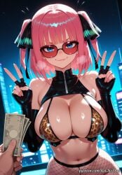 1boy 1girl 2026 ai_generated animal_print anime bangs bare_shoulders bikini black_gloves black_ribbon blue_eyes blunt_bangs blush boobs breasts breath butterfly_hair_ornament cleavage closed_mouth crossover double_v elbow_gloves eye_contact female female_focus fingerless_gloves fishnets flushed gloves go-toubun_no_hanayome hair_accessory hair_ornament hair_ribbon handwear heavy_breathing highres holding huge_breasts large_breasts leopard_print lips looking_at_viewer looking_over_eyewear male medium_hair midriff money nakano_nino navel neutral_expression night night_sky nsfw outdoors pantyhose patreon patreon_username pink_hair pov prostitution ribbon rognezart shiny shiny_skin short_hair sky smile smiling solo solo_focus stockings stomach sunglasses swimsuit two_side_up v v-shaped_eyebrows zipper