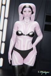 3d black_boots boots clothed_female female female_only headgear looking_at_viewer lyra_(twilekbootyy) pink_eyes pink_skin solo_female star_wars thigh_boots twilek white_tattoo yeetiques