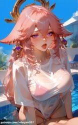 ai_generated arlequin097 yae_miko yae_miko_(genshin_impact) genshin_impact mihoyo 1girl long_hair breasts looking_at_viewer blush open_mouth shirt large_breasts hair_ornament 1boy animal_ears hair_between_eyes jewelry very_long_hair purple_eyes collarbone white_shirt swimsuit pink_hair short_sleeves hetero heart thighs outdoors earrings bikini sky penis pussy tongue solo_focus day tongue_out sex water vaginal blue_sky symbol-shaped_pupils wet see-through fox_ears uncensored covered_navel saliva pov highleg heart-shaped_pupils fox_girl wet_clothes web_address clothing_aside patreon_username clothed_sex clothed_female_nude_male pink_bikini bikini_under_clothes pool purple_bikini wet_shirt highleg_bikini poolside see-through_shirt bikini_bottom_aside swimsuit_aside