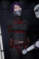 sabine_wren star_wars star_wars:_ahsoka bondage bound rope_bondage duct_tape taped_mouth gag gagged vibrator vibrator_in_pussy stormtrooper maledom blender theblendertaper 3d clothed dyed_hair