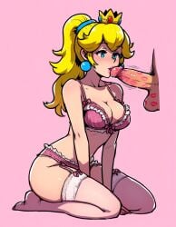 ai_generated princess_peach nintendo 1girls 1boy oral oral_sex blowjob lipstick_mark kiss_mark lingerie kneeling blonde_hair ponytail mario mario_(series)
